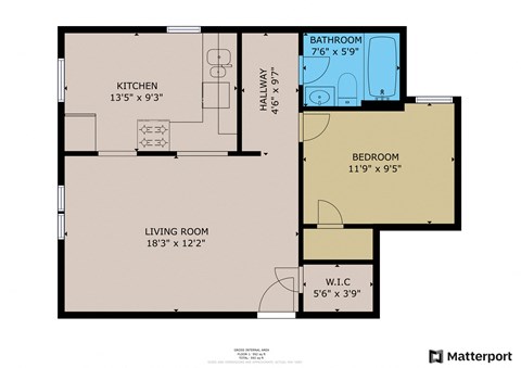 Floor plan for 1 bed, 1 bath, 740 sqft